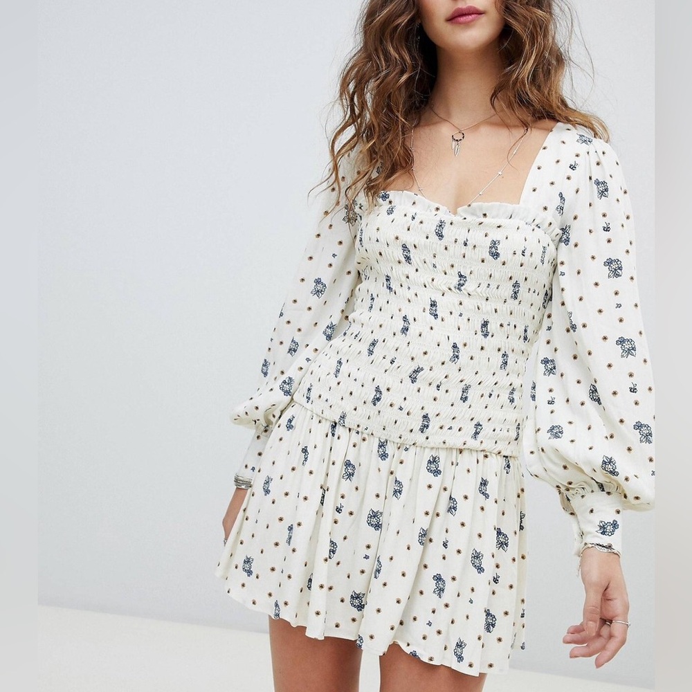 Free People Two Faces Floral Mini Dress in Tea Combo size Large
